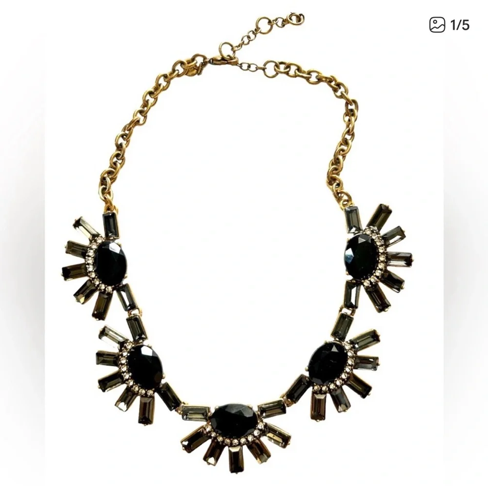 JCrew Statement Necklace Black & Bronzed Gold with Rhinestones
